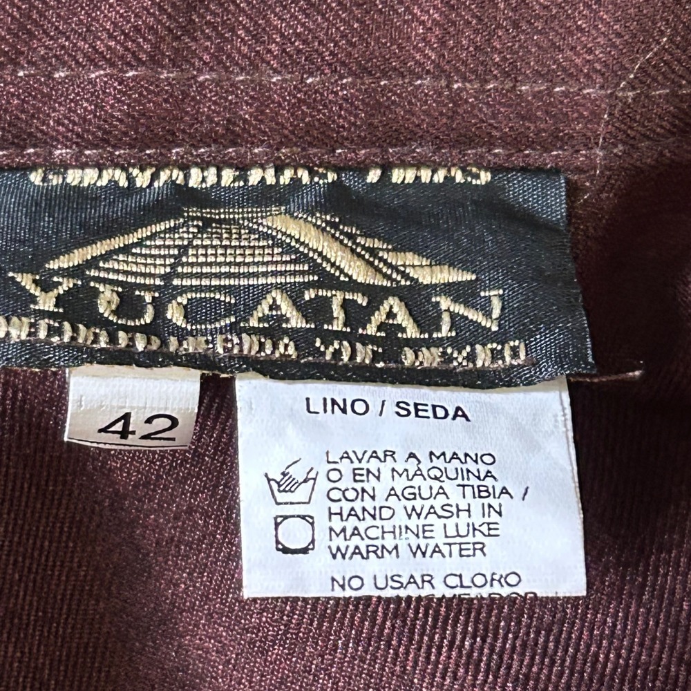 Vintage Yucatan Guayabera Shirt Mens 42 Brown Lino Seda Embroidered Wedding - Picture 8 of 10